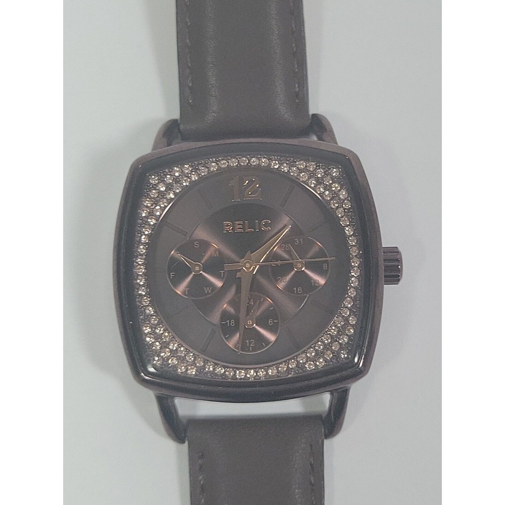 Relic Watch Women Metallic Brown Pave Dial Day Date Leather Band New Battery
